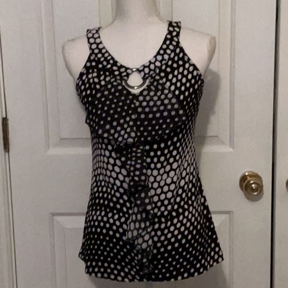 Russell Kemp Black & White Polka Dot Keyhole Ruffle Tank Top